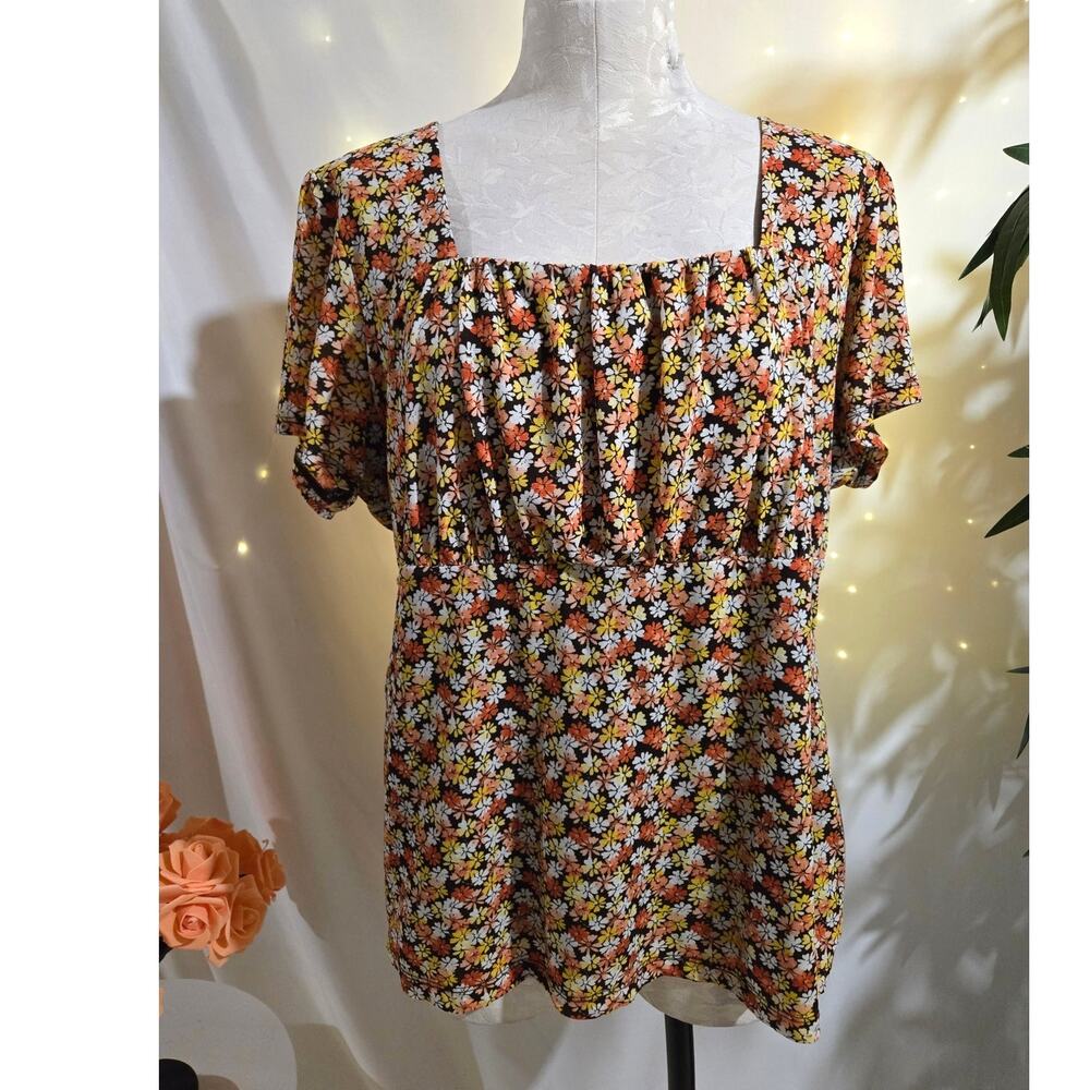 Vtg Y2K Style&Co Babydoll Milkmaid Mesh Ditsy Floral Square Neck Top Size 1X